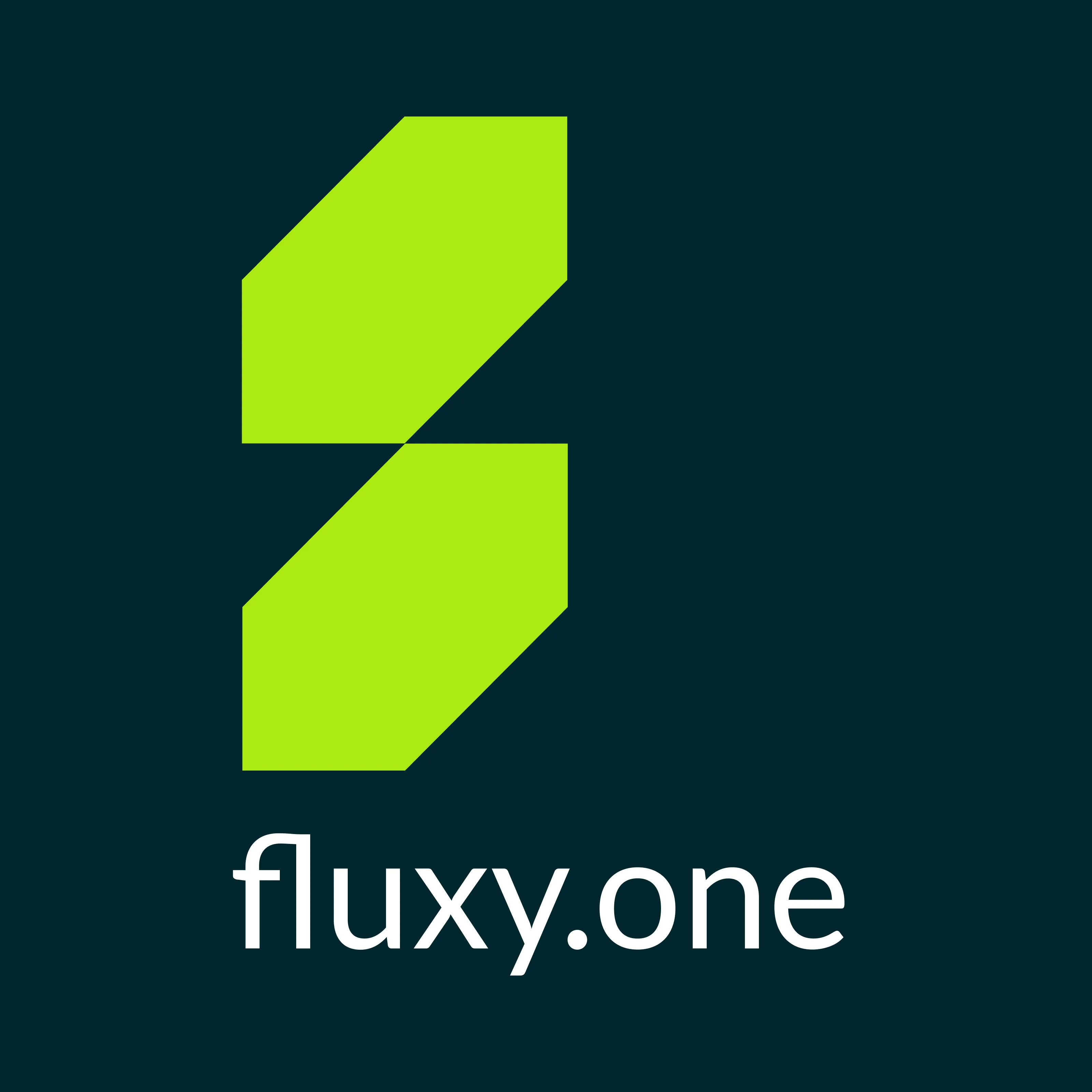 The Fluxy.One logo features a stylized green geometric design resembling an "S" on a dark background. Below the symbol, the brand name "fluxy.one" is written in white lowercase letters.